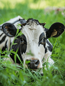 一头牛的头一头黑白相间的牛躺在草地上