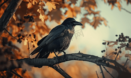 灰色枝条摄影照片_乌鸦坐在树上树枝上的鸟