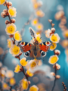 盛开的柳树上一只柔荑彩色蝴蝶上的孔雀蝴蝶