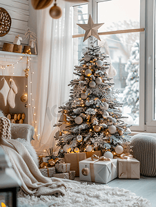 红色金色节日摄影照片_冬季假期的内部一棵神奇的发光圣诞树