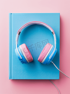 耳机戴在一本蓝色精装书上粉红色背景顶视图上