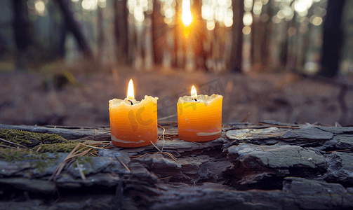 两支蜡烛森林里一根旧木头上的两支蜡烛
