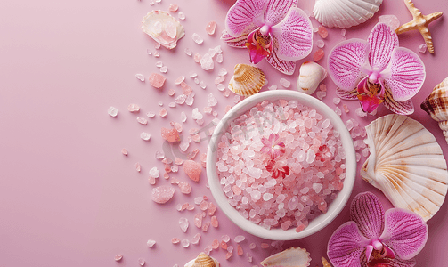 旅行粉色摄影照片_粉色椭圆形海盐带贝壳和兰花孤立海洋背景复制空间