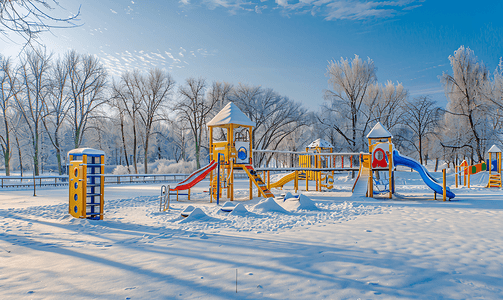 户外儿童游乐场摄影照片_冬天的儿童游乐场