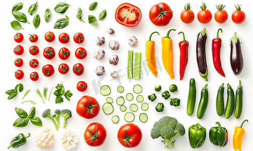 白色背景上分离的不同蔬菜的集合各种成分