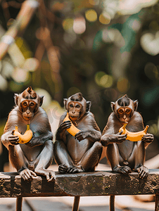 三只猴子在石桌上吃香蕉