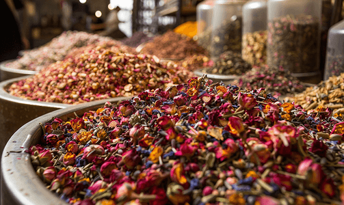 凉的摄影照片_伊斯坦布尔香料集市的干茶果香草花