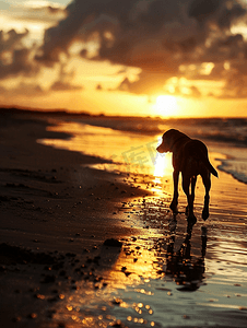 散步摄影照片_日落时分在沙滩上散步的狗的轮廓