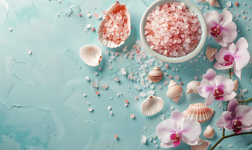 旅行粉色摄影照片_粉色椭圆形海盐带贝壳和兰花孤立海洋背景复制空间