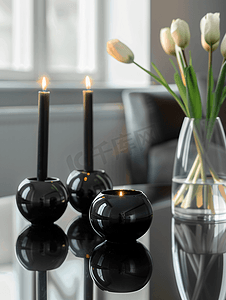 圆形花岗岩黑色桌子黑色光泽桌子上的黑色烛台阁楼内饰