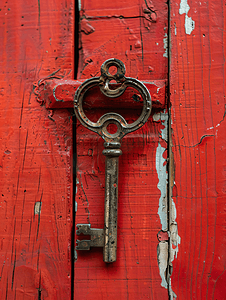 古老红木门大门上的古董铁钥匙