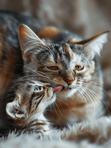 灰色柱子摄影照片_毛茸茸的猫用舌头舔小猫