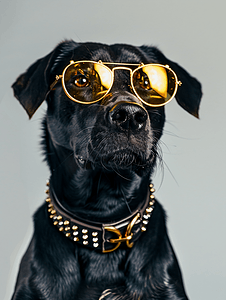一只戴着金色太阳镜和镶有铆钉的项圈的凶猛黑狗