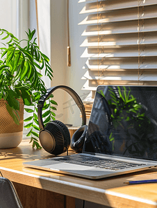 办公室工作区样机笔记本电脑耳机办公桌上的铅笔和植物装饰