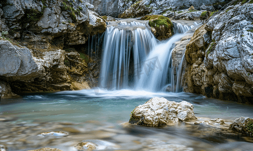 山长图模板摄影照片_奥地利峡谷中的小瀑布长时间暴露导致水流平滑