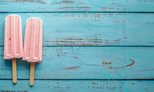 蓝色质朴木质背景上的冰淇淋棒特写