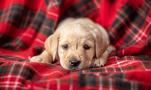一只拉布拉多小狗躺在红色格子格子上的俏皮心情