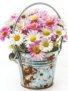 桶里的花和白色背景的喷壶