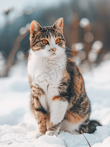 多色猫坐在雪地上冬天被遗弃的猫