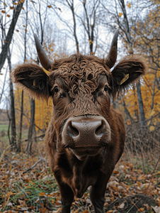 牛红色摄影照片_秋季农场里的红牛农场动物