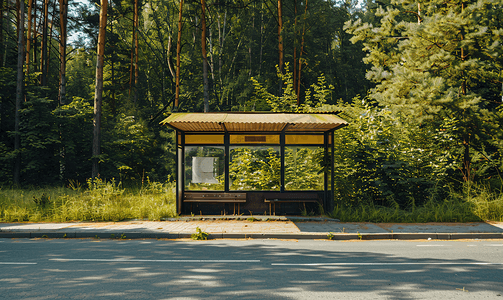 屋顶金属摄影照片_森林路边矗立着一座空荡荡的小型巴士站