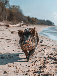 散步摄影照片_长胡子的猪沿着沙滩散步