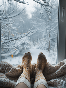 长袜子摄影照片_穿着羊毛袜的腿和窗外的雪天