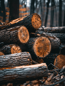 原木风干花摄影照片_森林里一堆砍伐的原木乡村地区锯木厂附近的伐木场木材倒下