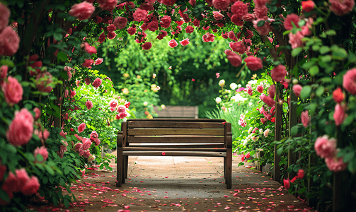 玫瑰园中间的木凳