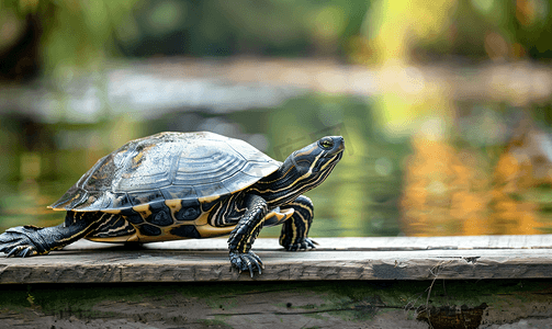 栖息地中的河龟水中和木制平台上的乌龟