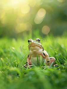 夏天坐在草地上的美丽青蛙