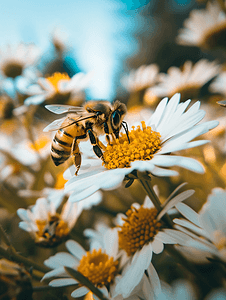 春夏新品榜单摄影照片_阳光明媚的日子蜜蜂在白花上采集花粉春夏养蜂复制空间