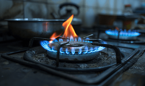 炉子上的煤气燃烧器打开燃烧着蓝色的火焰老式煤气燃烧器
