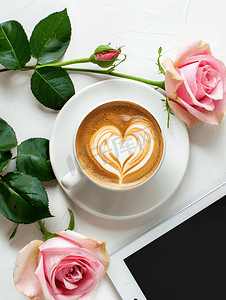 顶视图一杯咖啡拿铁艺术心形配有粉红玫瑰和平板电脑