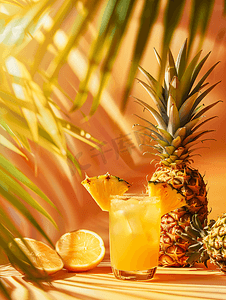 新鲜菠萝鸡尾酒与新鲜菠萝夏季饮料概念