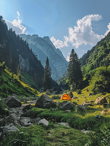 谷标志摄影照片_夏日的山峡谷山中露营美丽的风景