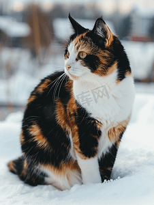被遗弃的摄影照片_多色猫坐在雪地上冬天被遗弃的猫