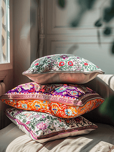 绣花图案的摄影照片_具有传统图案的装饰色彩缤纷的东方枕头