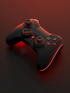 黑红撞色系摄影照片_黑红色背景上的黑色游戏手柄游戏概念