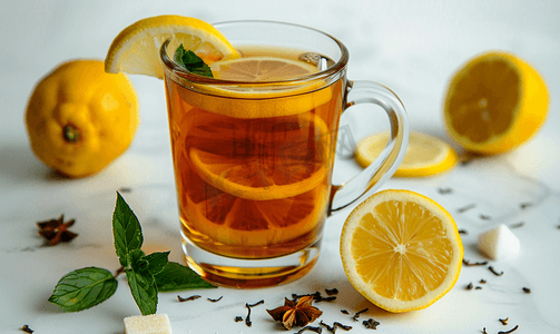 水果茶摄影照片_一杯加柠檬和糖的甜果茶