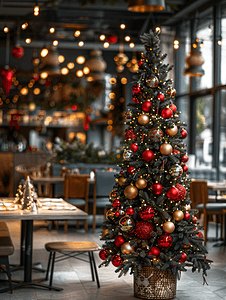 圣诞餐厅等待晚餐并在除夕圣诞树上庆祝圣诞假期