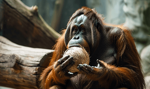 一只猩猩坐在树上吃椰子