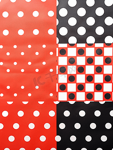 网格黑白图摄影照片_红色点纸和黑白格子板图案