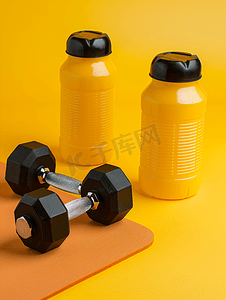 运动锻炼身体摄影照片_黄色哑铃健身垫和蛋白质摇晃器