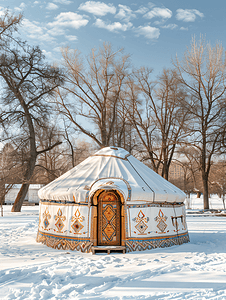 民族摄影照片_公园阳光明媚的冬日天气中哈萨克斯坦民族图案的白色蒙古包