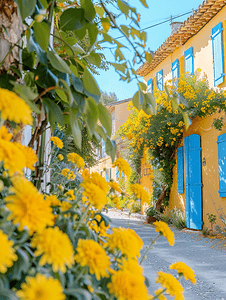 黄房子附近一条街上的黄菊花有蓝色百叶窗