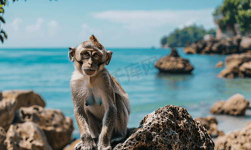 猴子坐在马来西亚婆罗洲岛的岩石上
