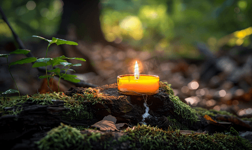 森林里一根旧木头上的蜡烛