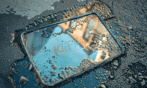 街道上的脏镜子浑浊玻璃中的反射表面印记
