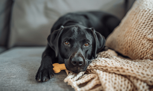 一只带骨头的黑色拉布拉多猎犬宠物躺在沙发上的毯子上